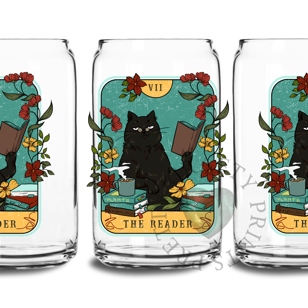 THE READER CAT UV DTF TRANSFER GLASS CAN DECAL