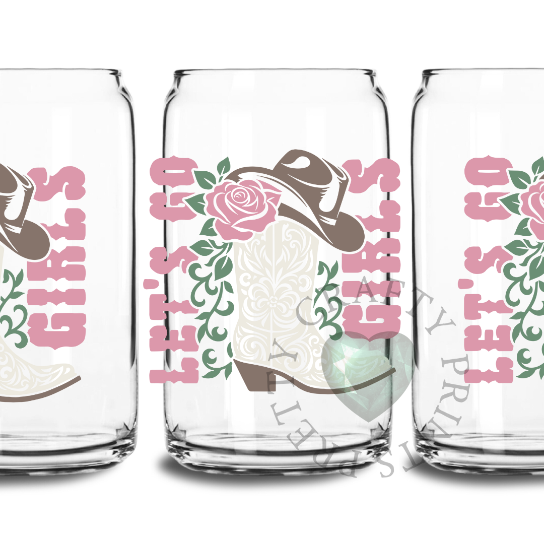 LET'S GO GIRLS PINK ROSE UV DTF TRANSFER GLASS CAN DECAL