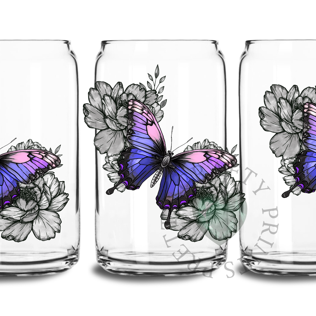 LAVENDER BUTTERFLY UV DTF TRANSFER GLASS CAN DECAL