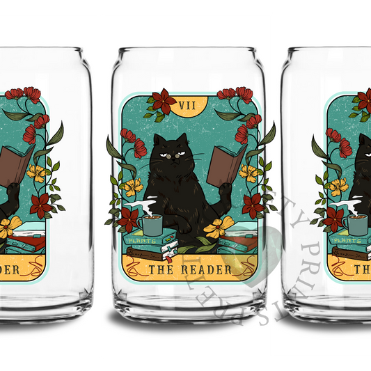 THE READER CAT UV DTF TRANSFER GLASS CAN DECAL